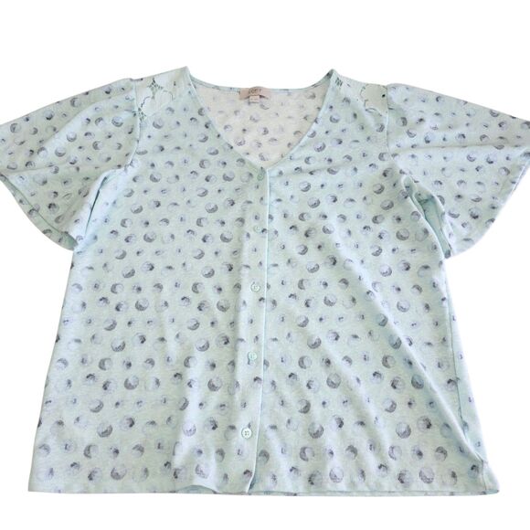 Loft Button Up Shirt Top Womens Medium Light Blue Dots Lace On Shoulder V-Neck - Picture 5 of 11